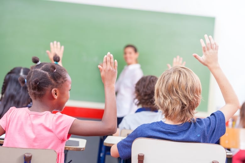 Elementary school students raising their hands and sitting in front of the classroom's chalkboard, with a teacher standing at the front. 