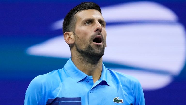 Novak Djokovic, of Serbia, reacts against Alexei Popyrin, of Australia, during a third round match of the U.S. Open tennis championships, Friday, Aug. 30, 2024, in New York. (AP Photo/Julia Nikhinson)