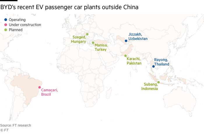 A map showing locations of BYD’s recent EV passenger car plants outside China