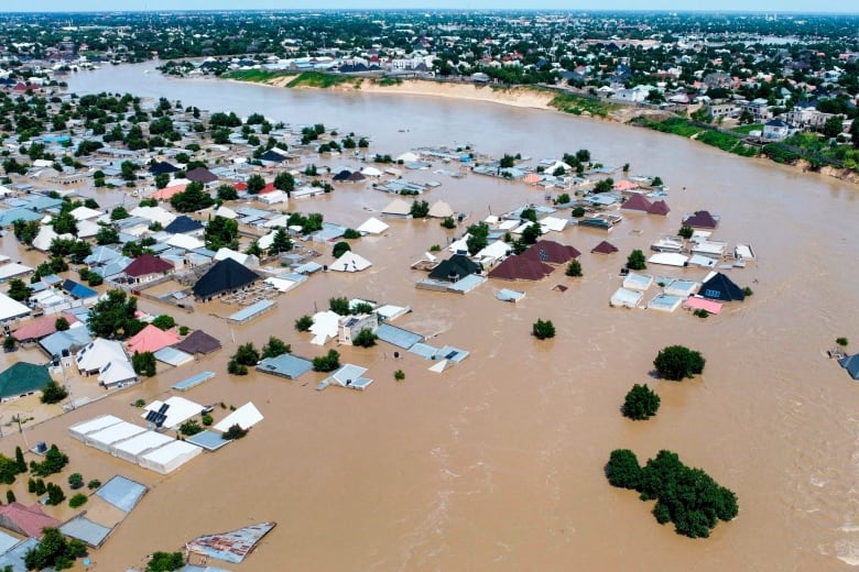 An aerial view of a flooded community shows rooftops and treetops peeking out from muddy floodwaters.