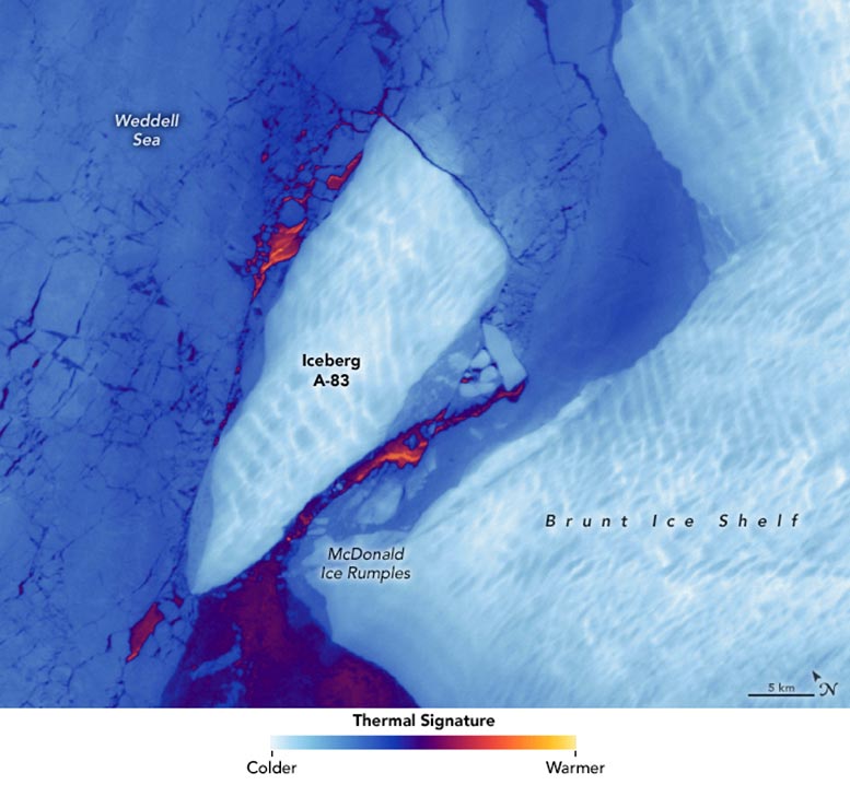 Iceberg A-83 Thermal Signature August 2024 Annotated