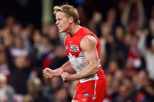 Isaac Heeney of the Swans celebrates his fourth term goal to help Sydney defeat Collingwood in round 22, 2024.