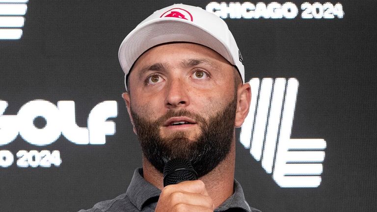 Captain Jon Rahm of Legion XIII speaks at a press conference during the practice round before the start of LIV Golf Chicago at Bolingbrook Golf Club on Wednesday, September 11, 2024 in Bolingbrook, Illinois. (Photo by Charles Laberge/LIV Golf via AP)