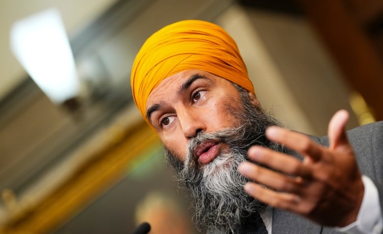 NDP Leader Jagmeet Singh speaks to reporters in the foyer of the House of Commons on Parliament Hill, in Ottawa, Monday, Sept. 16, 2024.