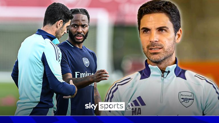 Mikel Arteta with Raheem Sterling during Arsenal training