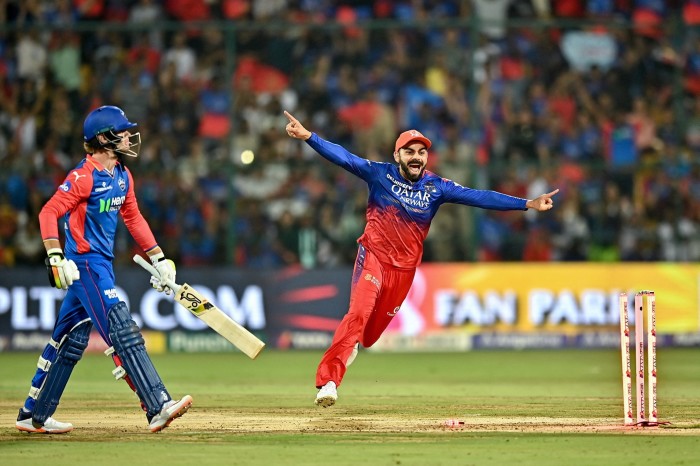 Royal Challengers Bengaluru’s Virat Kohli celebrates after the dismissal of Delhi Capitals’ Jake Fraser-McGurk during the Indian Premier League