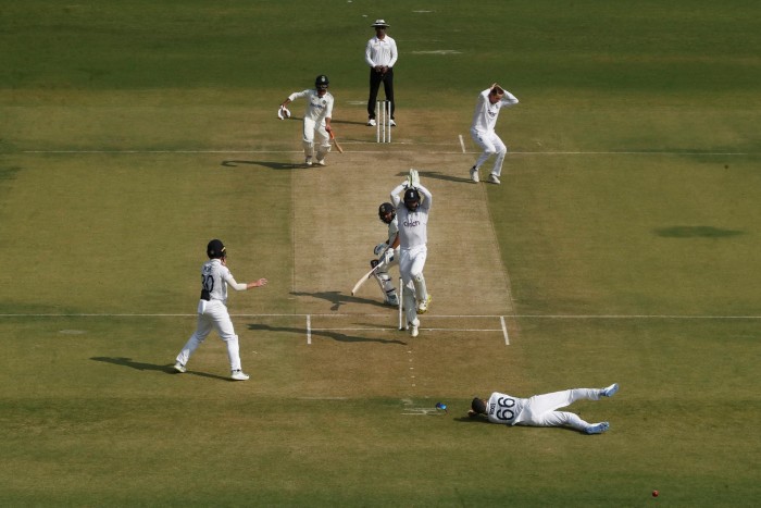 England’s Joe Root unsuccessfully attempts to take a catch and dismiss India’s Rohit Sharma