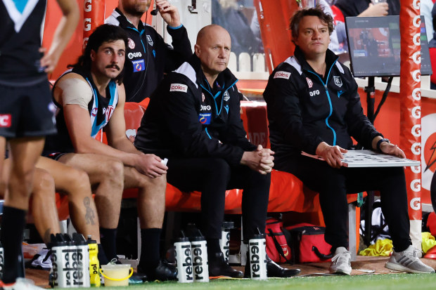 Power head coach Ken Hinkley looks on during their loss to Sydney.