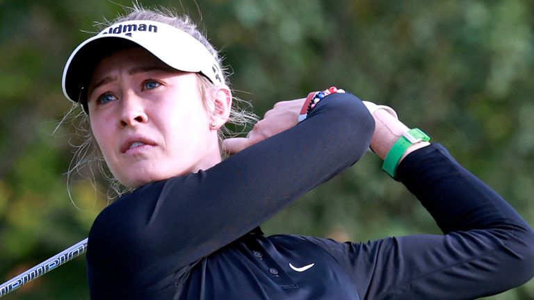 CINCINNATI, OH - SEPTEMBER 20: LPGA golfer Nelly Korda plays her tee shot on the 8th hole during the second round of the Kroger Queen City Championship presented by P&G on September 20, 2024, at TPC River's Bend in Cincinnati, Ohio. (Photo by Brian Spurlock/Icon Sportswire) (Icon Sportswire via AP Images)