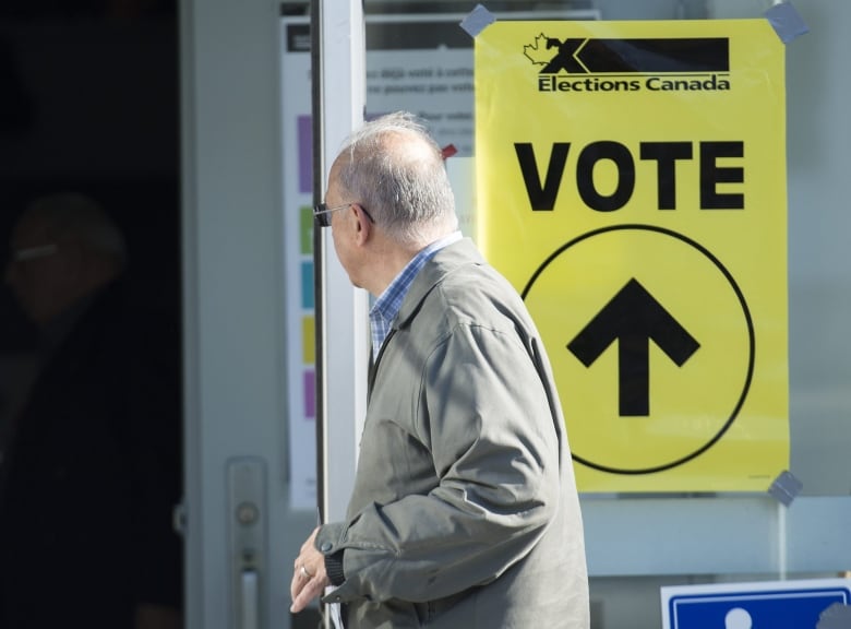 A man arrives to cast his ballot at a polling station on federal election day in Shawinigan, Que.