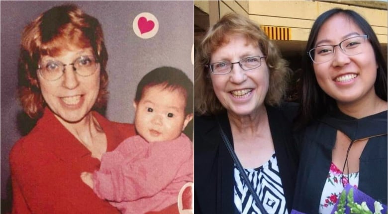 A composite image of a woman holding a baby girl, on the left. On the right, the same woman with the baby girl now grown into an adult woman, at her graduation. 