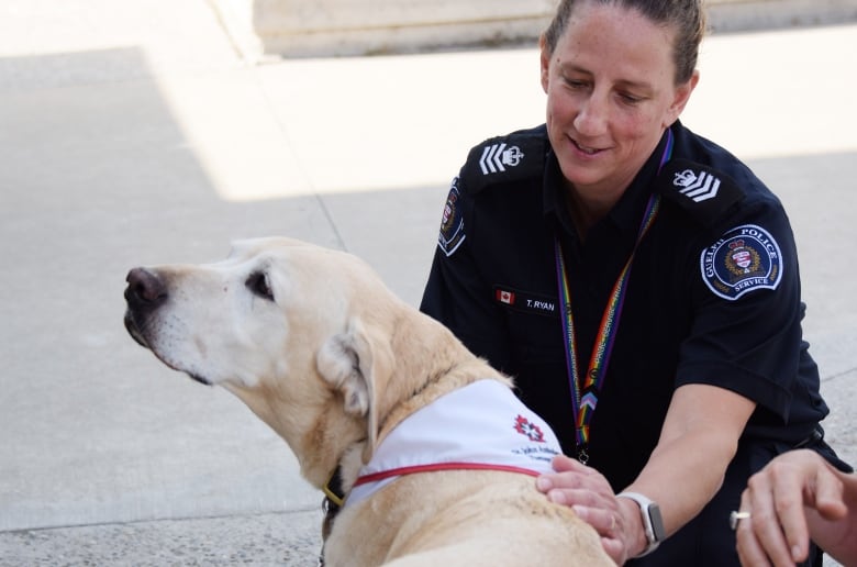 Woman in police uniform pets a yellow lab