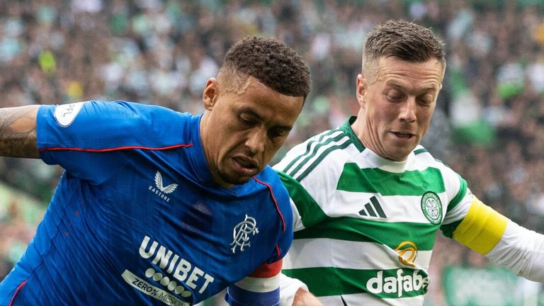 GLASGOW, SCOTLAND - SEPTEMBER 01: Rangers&#39; James Tavernier and Celtic&#39;s Callum McGregor in action during a William Hill Premiership match between Celtic and Rangers at Celtic Park, on September 01, 2024, in Glasgow, Scotland. (Photo by Craig Williamson / SNS Group)