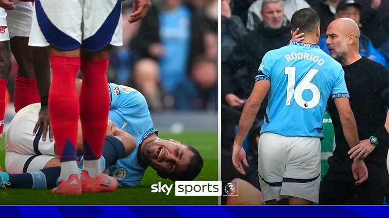 Manchester City&#39;s Rodri reacts to an injury before being substituted off during the Premier League match at the Etihad Stadium, Manchester. Picture date: Sunday September 22, 2024.