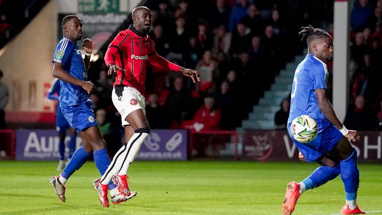 Walsall's Albert Adomah misses a golden chance to put them ahead against Leicester City