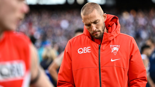 Sam Reid of the Swans looks upset after the loss during the 2022 Toyota AFL Grand Final match between the Geelong Cats and the Sydney Swans.