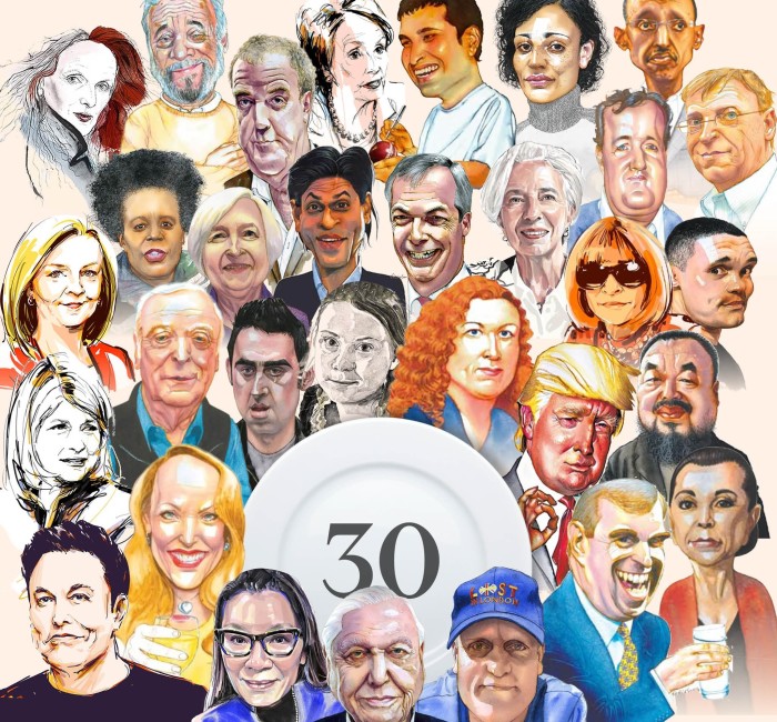 A montage of headshots, all colour illustrations, of multiple people, including Liz Truss, Greta Thunberg, Zadie Smith, Janet Yellen, Elon Musk, Bill Gates, Donald Trump, Prince Andrew, David Attenborough and many more