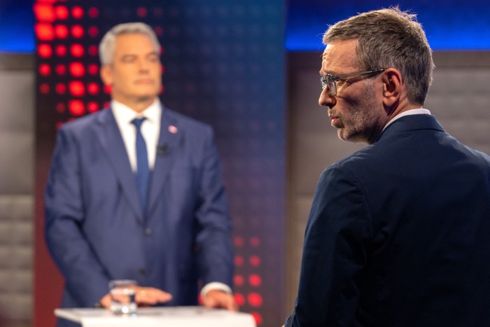 Karl Nehammer, left, and Herbert Kickl at a pre-election TV debate