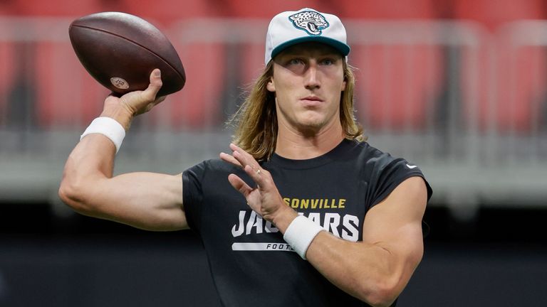 Jacksonville Jaguars quarterback Trevor Lawrence (16) warms up prior to an NFL preseason football game against the Atlanta Falcons, Friday, Aug. 23, 2024, in Atlanta. (AP Photo/Stew Milne)