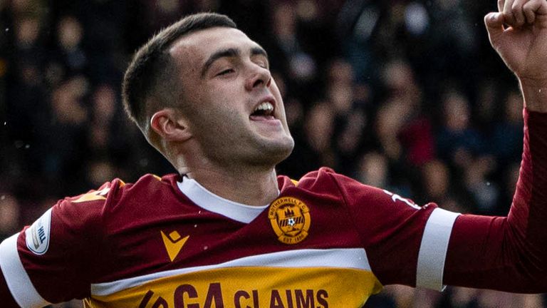 MOTHERWELL, SCOTLAND - SEPTEMBER 28: Motherwell's Lennon Miller celebrates as he scores from the penalty spot to make it 1-1 during a William Hill Scottish Premiership match between Motherwell and St Mirren at Fir Park, on September 28, 2024, in Motherwell, Scotland. (Photo by Craig Foy / SNS Group)