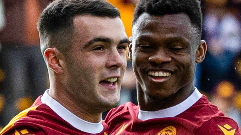 MOTHERWELL, SCOTLAND - SEPTEMBER 28: Motherwell's Lennon Miller celebrates with Moses Ebiye as he scores from the penalty spot to make it 1-1 during a William Hill Scottish Premiership match between Motherwell and St Mirren at Fir Park, on September 28, 2024, in Motherwell, Scotland. (Photo by Craig Foy / SNS Group)