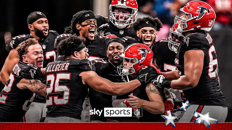 Atlanta Falcons players celebrate place kicker Younghoe Koo&#39;s game-winning 58-yard-field goal against the New Orleans Saints during the second half of an NFL football game, Sunday, Sept. 29, 2024, in Atlanta. 