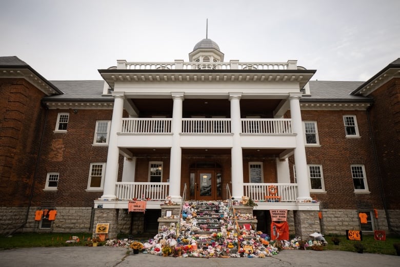 Steps leading up to the site of former Indian Residential School, the Mohawk Institute, as phase one of a ground search begins for possible unmarked graves on the 500 acres of the lands in Brantford, Ont., Tuesday, November 9, 2021.