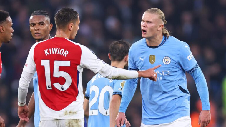 Erling Haaland scores 100th goal for Manchester City in 2-2 draw with Arsenal; Leandro Trossard sent off