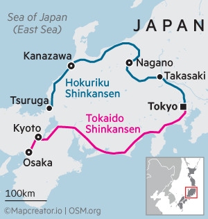 Nap of Japan showing the Tokaido Shinkansen and Hokuriku Shinkansen routes