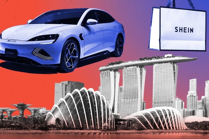 Montage of images of an electric car, a Shein shopping bag and the Singapore skyline