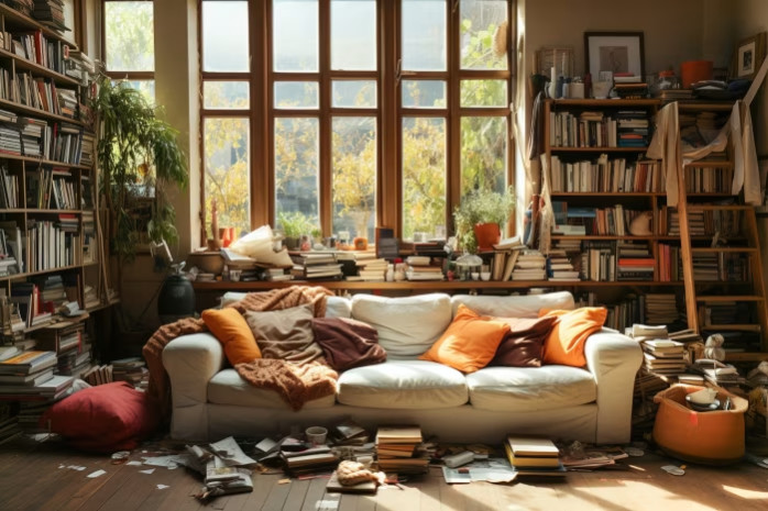 A messy living room with books and cushions strewn about