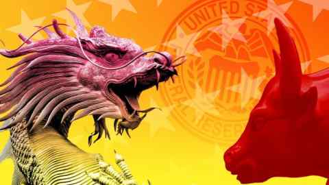 A Chinese dragon and bull face each other with US Federal Reserve logo in the background