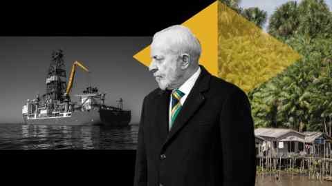 Montage image of Luiz Inácio Lula da Silva, oil rigs and forests