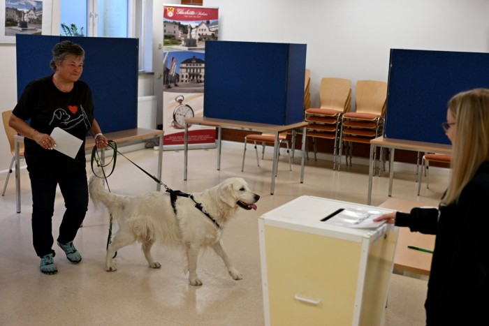 A voter with her dog “Zorro” arrives to cast her ballot at a polling station set up in a school in Glashuette near Dresden