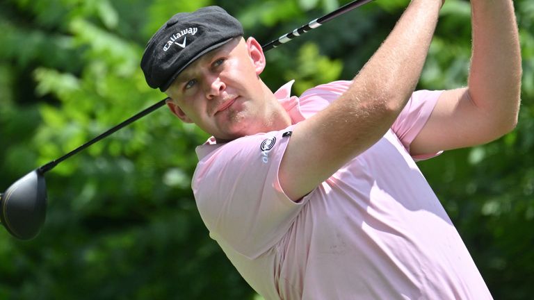 SILVIS, IL - JULY 06: Golfer Harry Hall tees off on the #2 hole during the third round of the John Deere Golf PGA Classic on July 06, 2024, at TPC Deere Run, Silvis IL. (Photo by Keith Gillett/Icon Sportswire) (Icon Sportswire via AP Images)