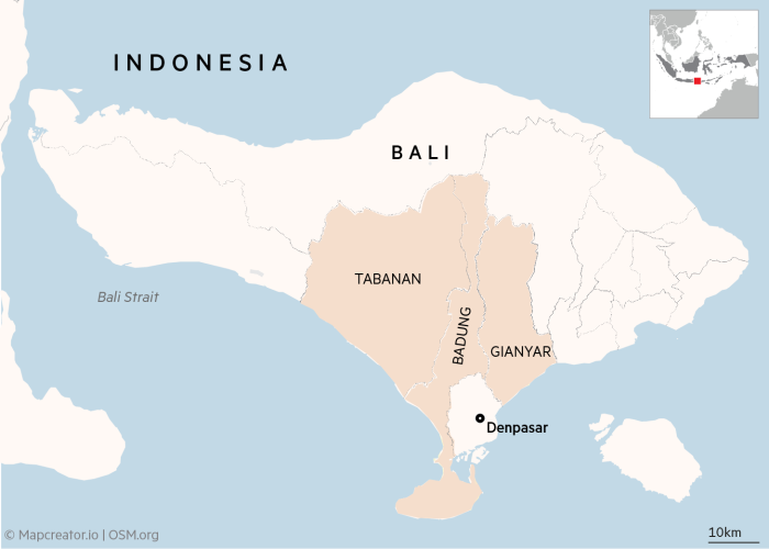 Map showing the four tourist hotspots in Bali