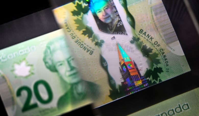 A close-up of a Canadian $20 bill. 