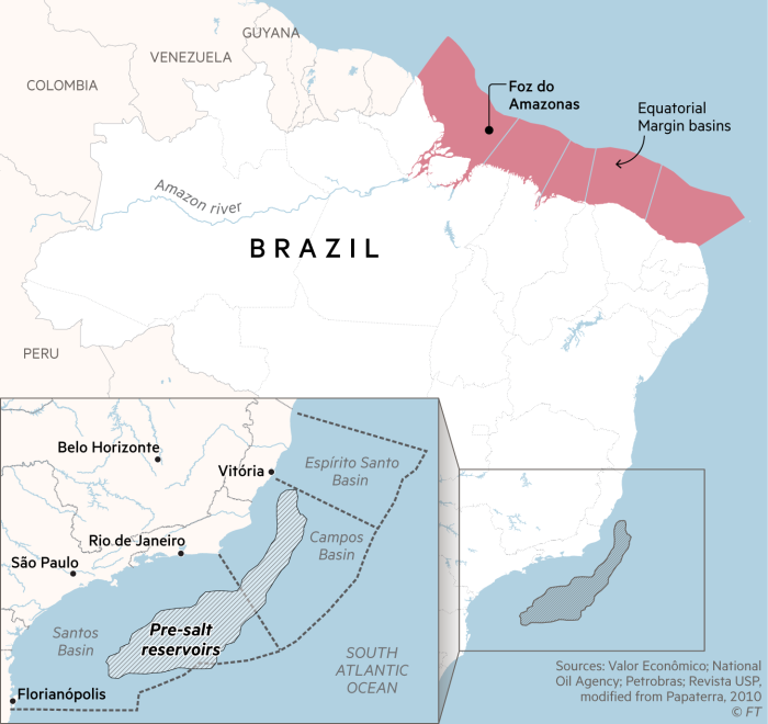 Map of Latin America highlighting Brazil's equatorial margin basins on its northern coast and its pre-salt reservoirs on the southern coast.