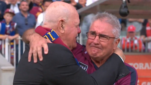 Chris Fagan in tears as he hugs Leigh Matthews after winning the 2024 grand final.