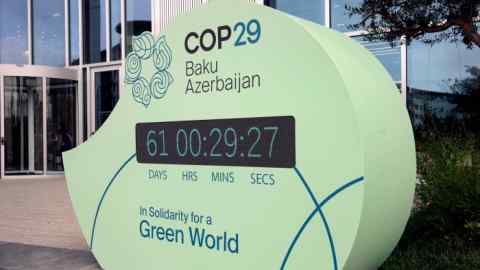 The COP29 countdown clock in Baku, Azerbaijan, showing 61 days until the climate conference begins