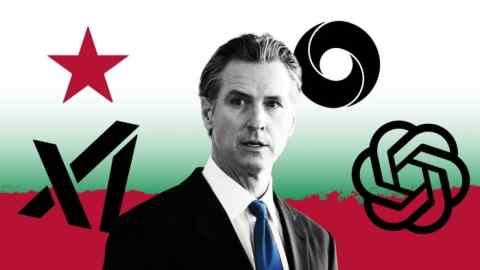 Montage of Gavin Newsom, governor of California, with logos of xAI, Google Deepmind and OpenAI, flag of California background