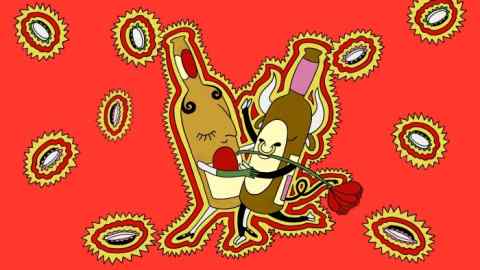 An illustration of two beer bottles with human legs dancing with each other