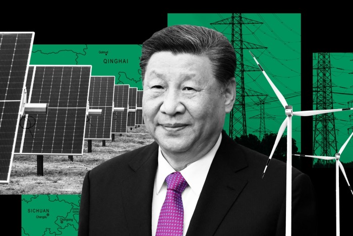 Montage of images of Xi Jinping against a backdrop of solar panels, wind turbines and power pylons