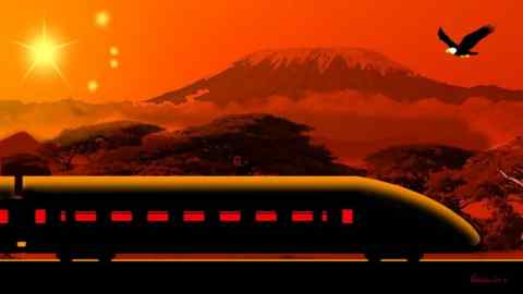 A James Ferguson illustration of a bullet train passing through a landscape at dusk with Mount Fiji in the background, a bald eagle hovering above and some stars in the sky in the shape of the Chinese national flag