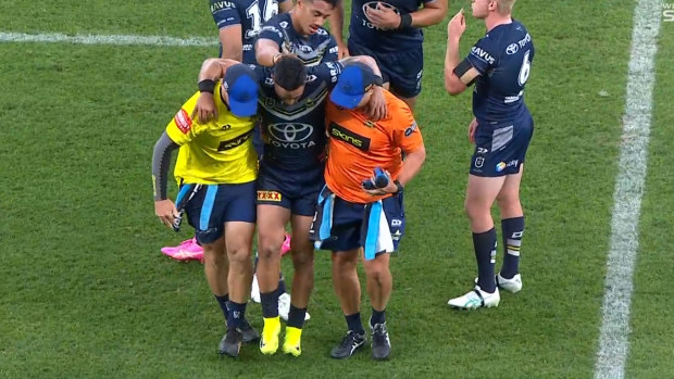 Valentine Holmes helped from the field. Sharks v Cowboys semi finals 2024.