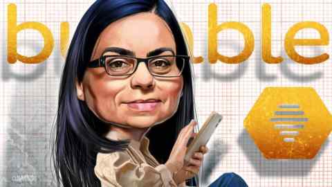 Illustration of Lidiane Jones sitting in front of the Bumble logo and scrolling on her mobile phone