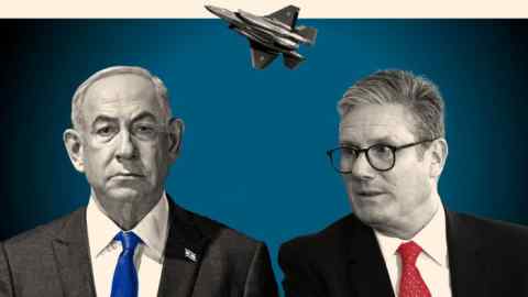 Montage shows Sir Keir Starmer, Benjamin Netanyahu and an F-35 fighter