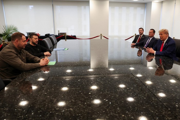 Republican presidential nominee and former US president Donald Trump and Ukraine’s President Volodymyr Zelenskiy meet at Trump Tower in New York