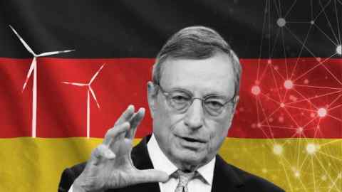 Combination image of Mario Draghi with wind turbines and digital networks and the German flag in the background