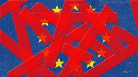 Illustration of the EU flag covered in red tape